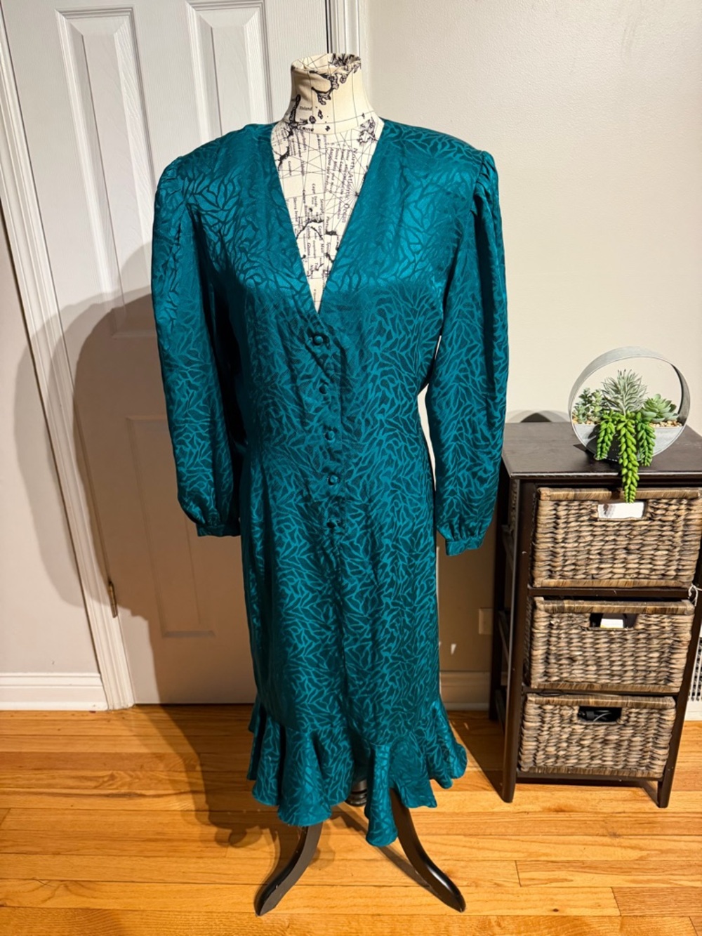 Argenti Vintage Silk Teal Blue Jacquard Leaf long sleeve Dress Button Ruffle 14